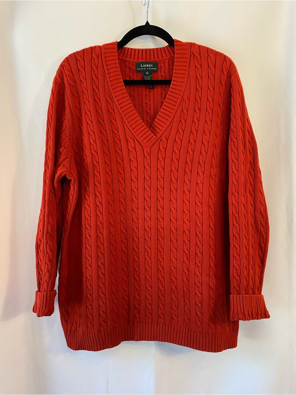Lauren Ralph Lauren Womens Rust 100% Cotton Chunky Cable knit V-Neck Sweater LG